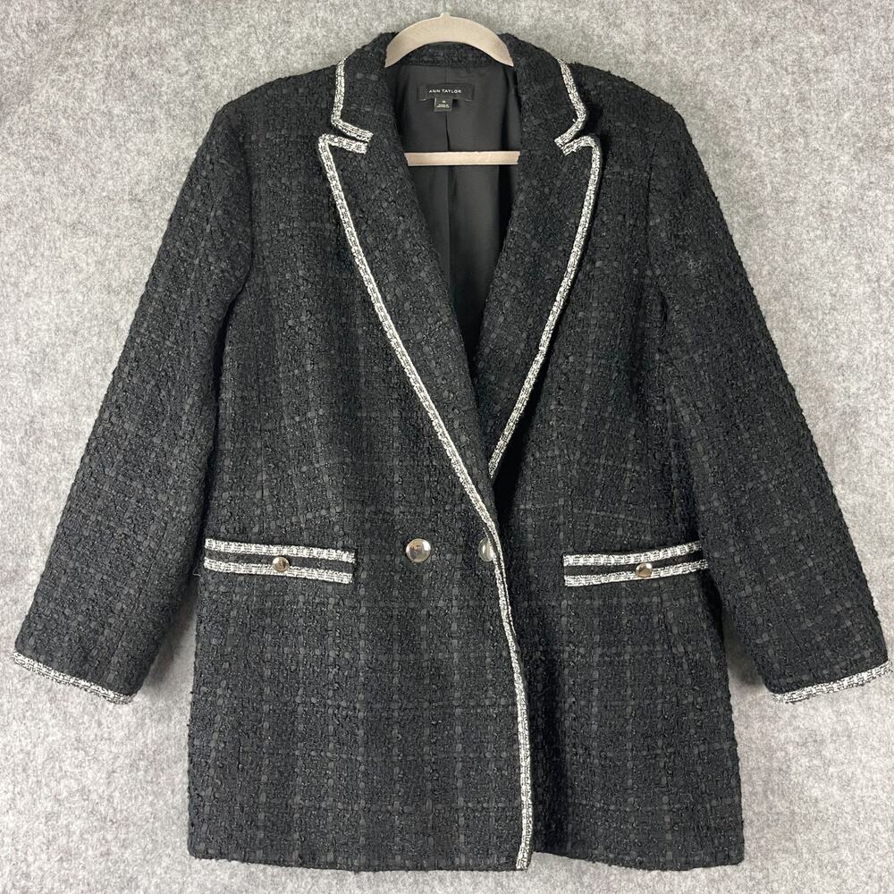 Ann Taylor Tweed Long Blazer Jacket Womens XL Black Gold Button Business Career